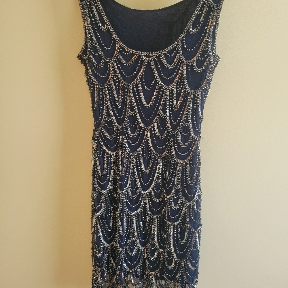 Pisarro Nights Beaded Cocktail Dress Size 4 Navy Blue Silver Sleeveless Formal - Picture 3 of 10